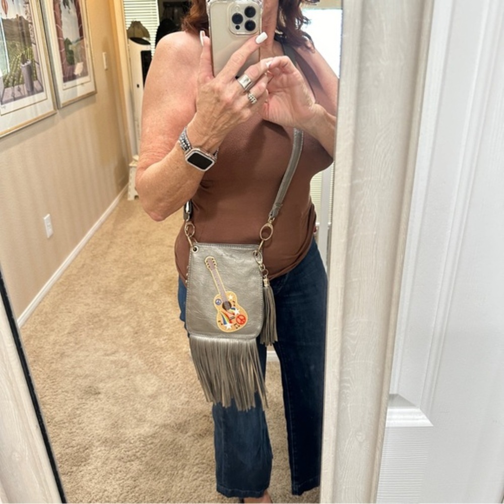 Champagne Rocker Faux Leather with Guitar and Fringe Metallic Crossbody - Picture 2 of 7